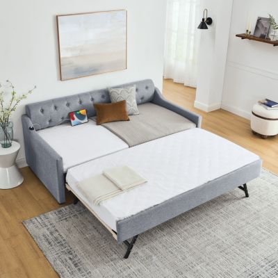 Streamdale Gray Linen Upholstered Daybed with Twin Trundle and USB