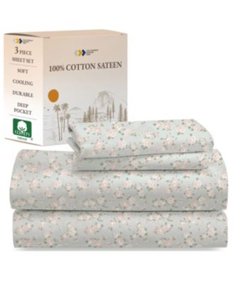 Twin Bed Sheet Set, Soft 100% Cotton Sateen, 3 Pc Deep Pocket Sheets & Pillowcase Set