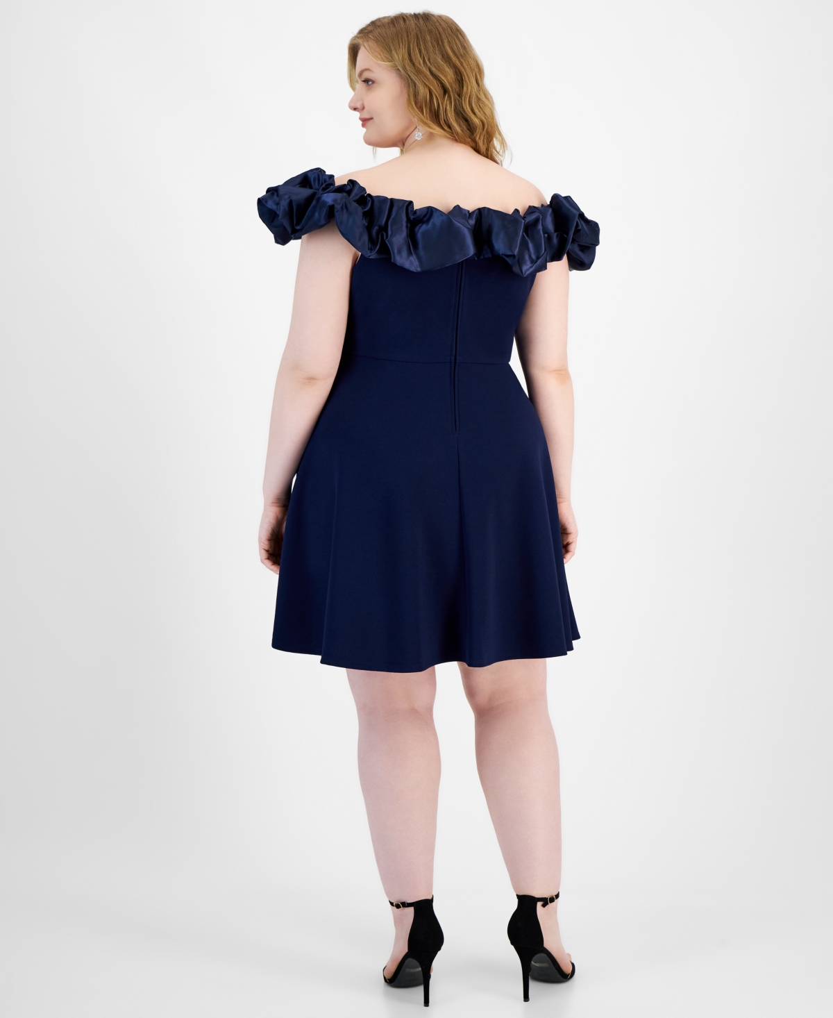 B Darlin Trendy Plus Size Ruffled Off-the-shoulder Dress In Navy,navy