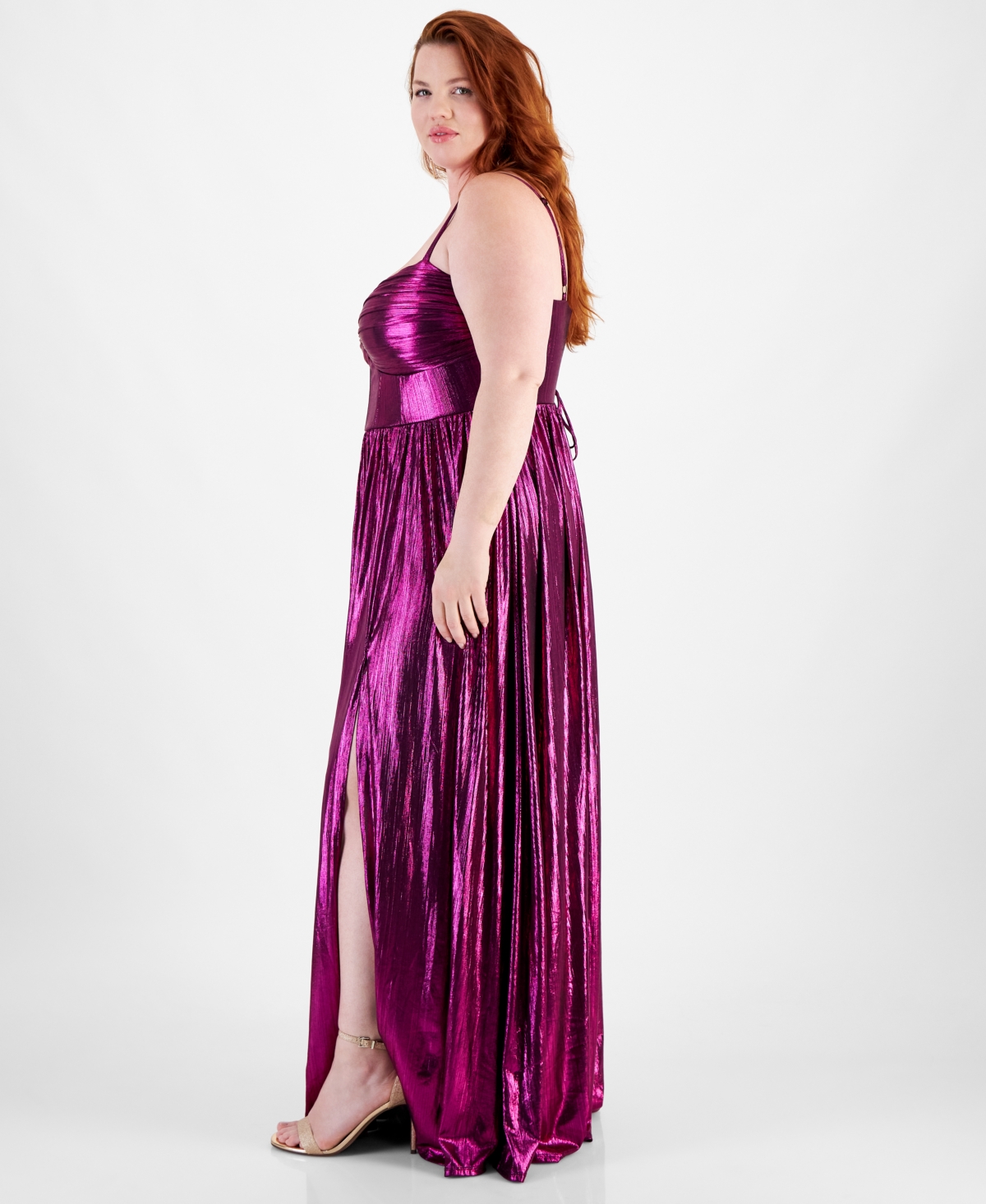 City Studios Trendy Plus Size Sweetheart-Neck Foil-Knit Gown