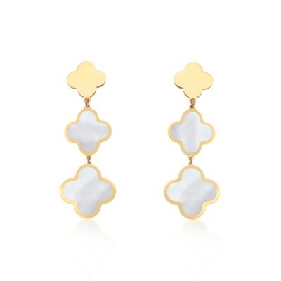 Mother of Pearl Graduating Clover Dangle Earrings 14K Gold