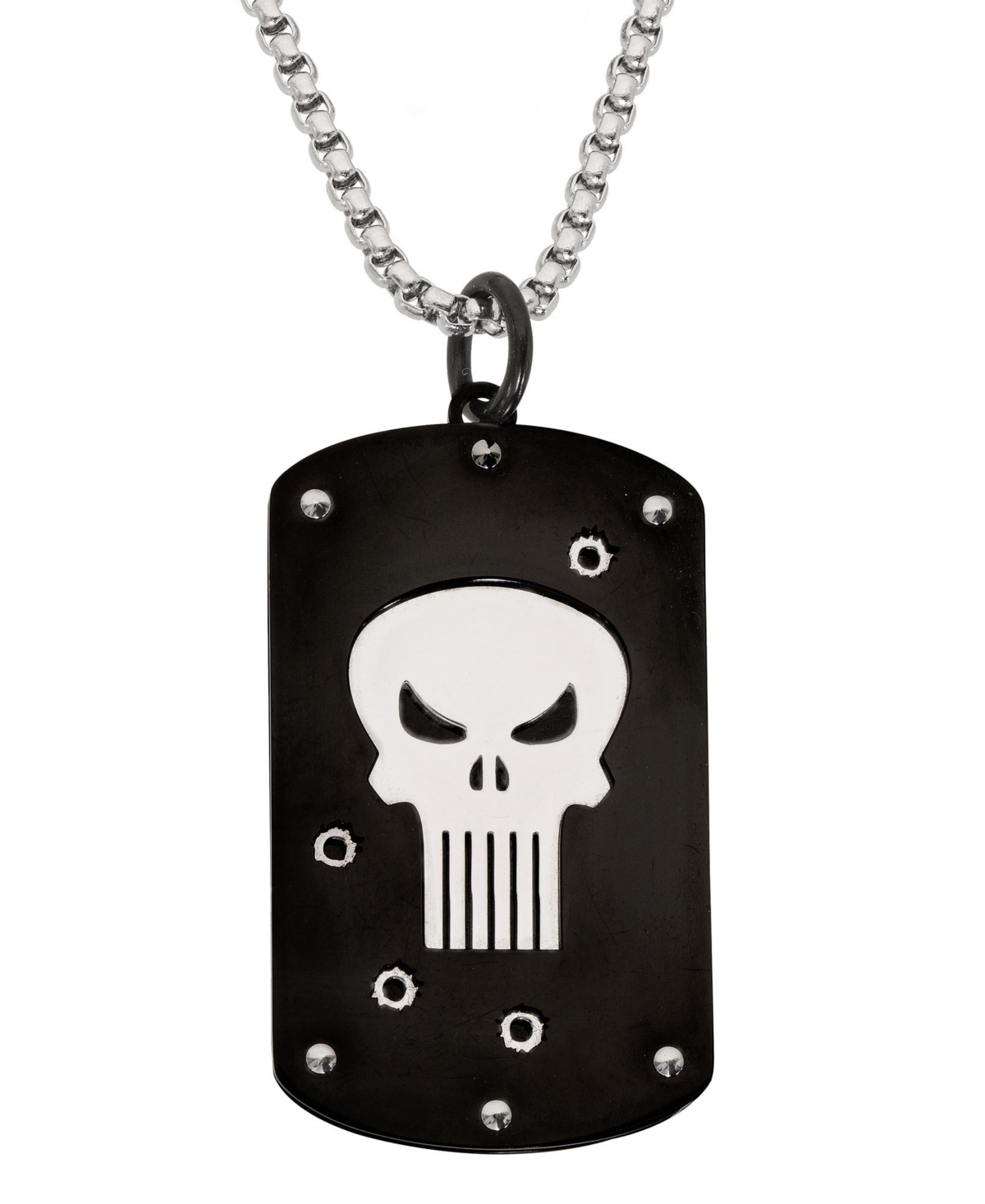 The Punisher Stainless Steel (316L) Pendant, 22'' Box Chain - Silver tone, black
