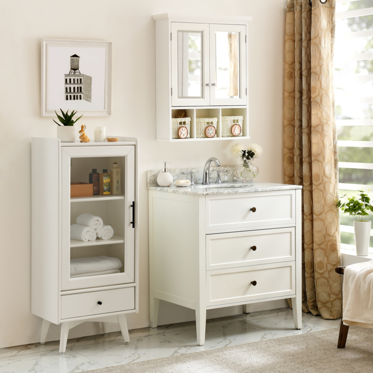 Streamdale FurnitureWood Wall Cabinet with Mirrored Doors & Storage Baskets - White