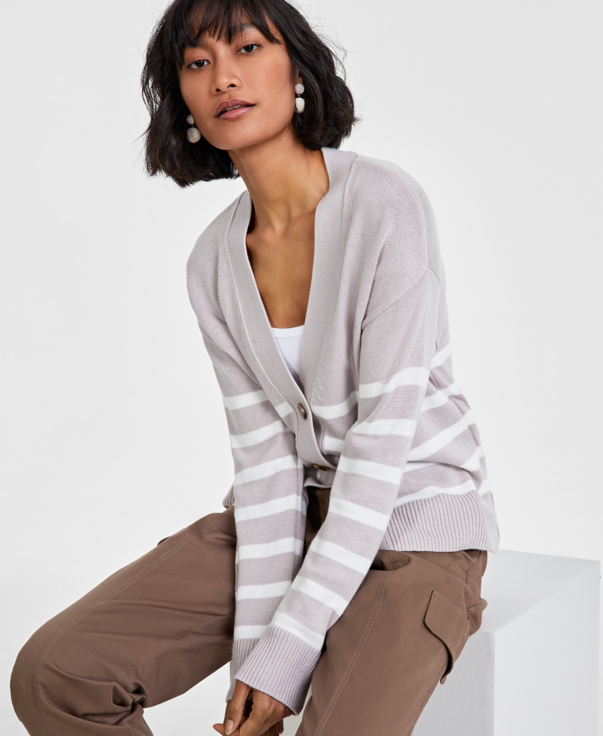 On 34th Women's V-neck Striped Cardigan, Created For Macy's In Intrepid Blue Combo