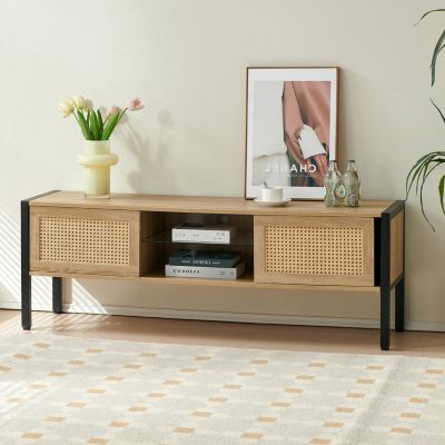  Rattan TV Cabinet with Adjustable Shelf and Colorful Light Strip