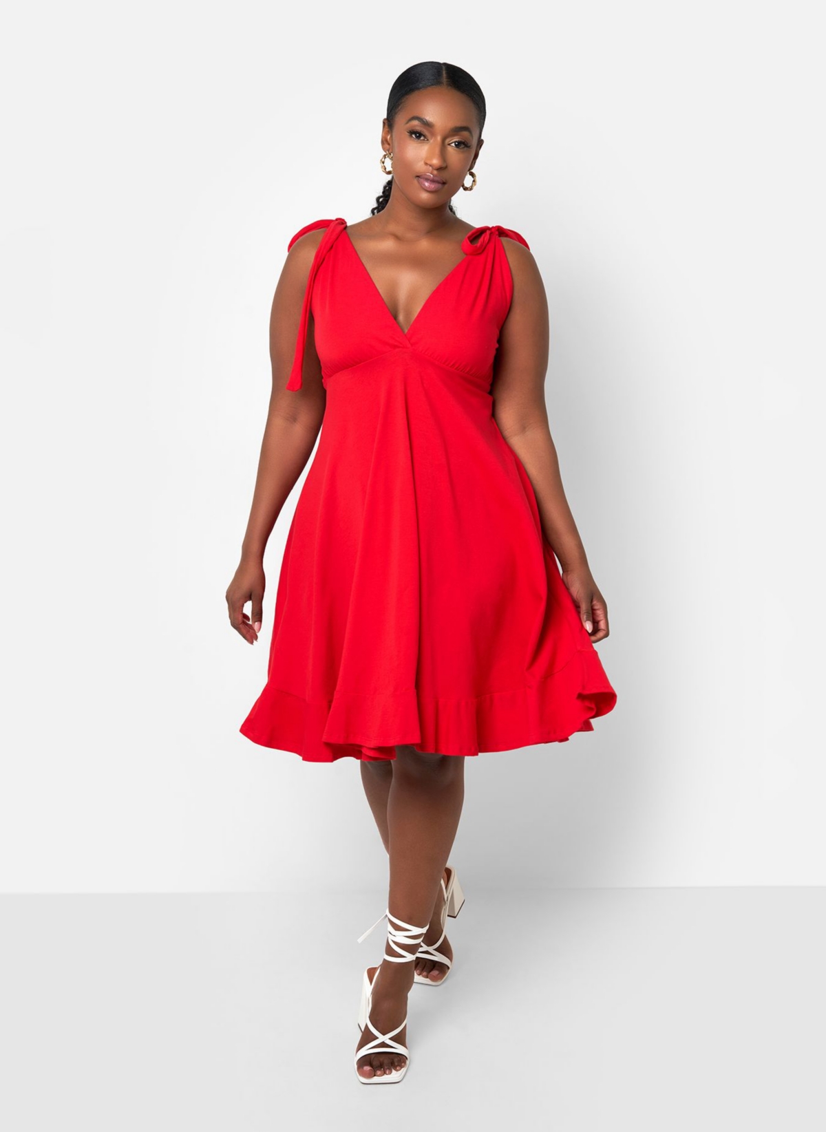 Women's Plus Size Blythe Tie Strap Ruffle Hem Mini Skater Dress - Red