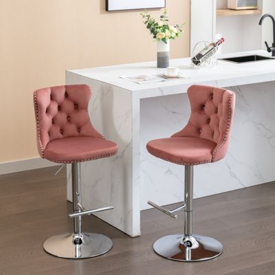 Modern Pink Velvet Swivel Barstools, Set of 2