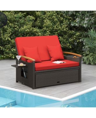 Patio Rattan Daybed Set with Cushioned Loveseat & Storage Ottoman for Porch