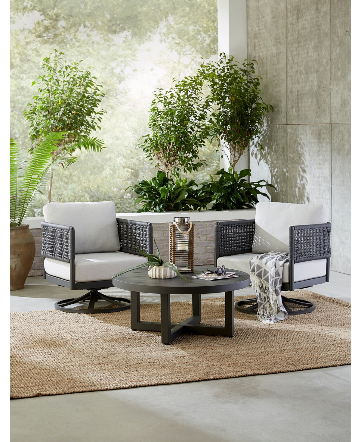 INTERNATIONAL CONCEPTS OUTDOOR 3 PIECE WOVEN ABACA ROPE PATIO FURNITURE SET INCLUDING THE SOFA, COFFEE TABLE, AND SWIVEL RO 
