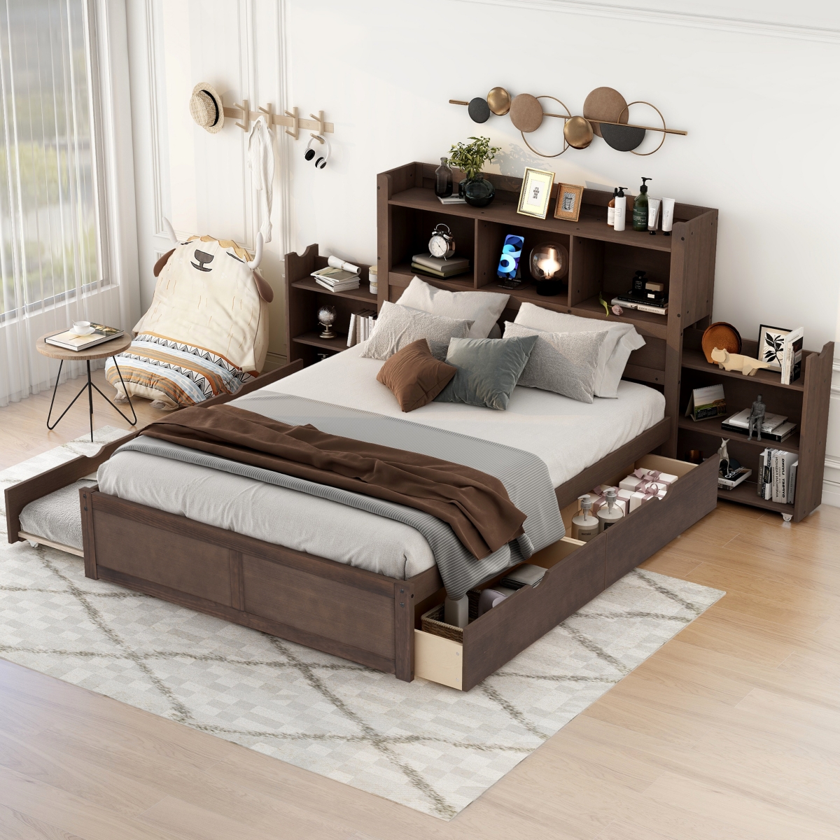 Full Storage Platform Bed With Pull Out Shelves, Twin Trundle And 2 Drawers