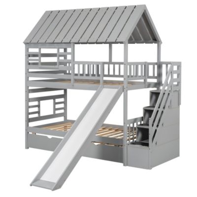 House Bunk Bed with Trundle, Slide, Storage stairway