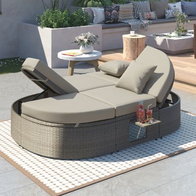 Gray Rattan Outdoor Daybed with Cushions and Cup Trays