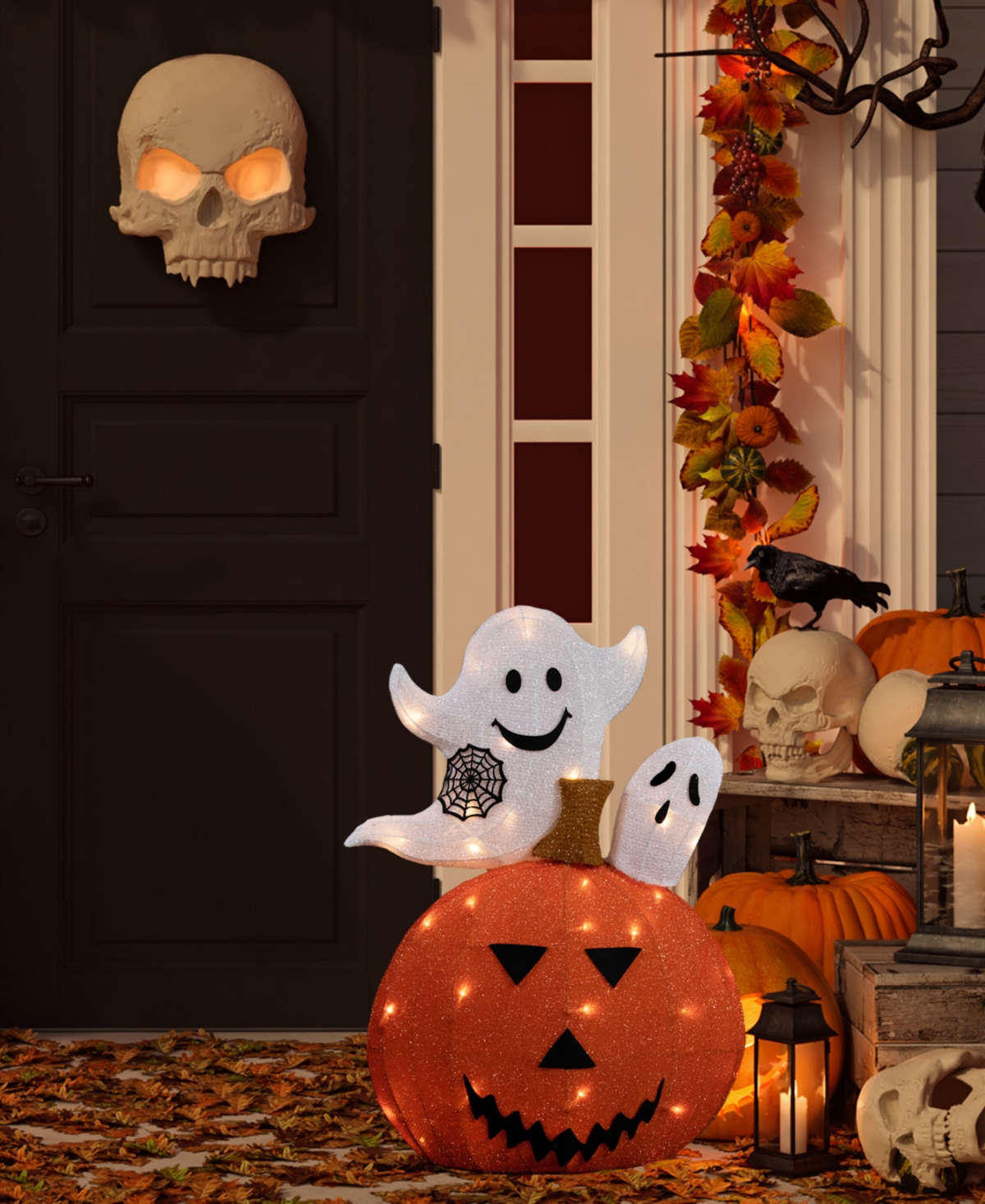 Northlight 27.5" Led Lighted Battery Operated Jack-o-lantern And Ghosts Halloween Decoration In Orange