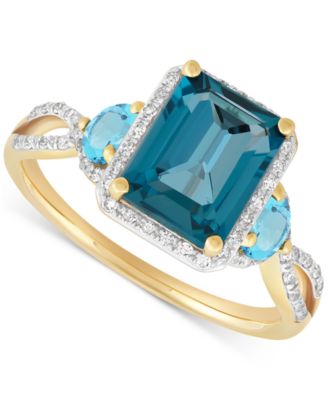 Macy's - London Blue Topaz (2-7/8 ct. t.w.), Swiss Blue Topaz (5/8 ct. t.w.) & Diamond (1/5 ct. t.w.) Halo Ring in 14k Gold