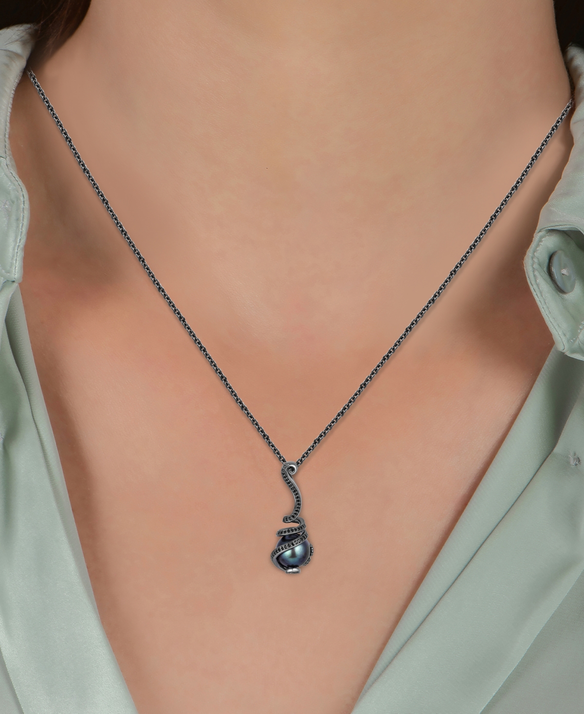 Black Drill Pearl (10mm) & Black Diamond (1/4 ct. t.w.) Ursula Tentacle Pendant Necklace in Black Rhodium-Plated Sterling Silver, + extender