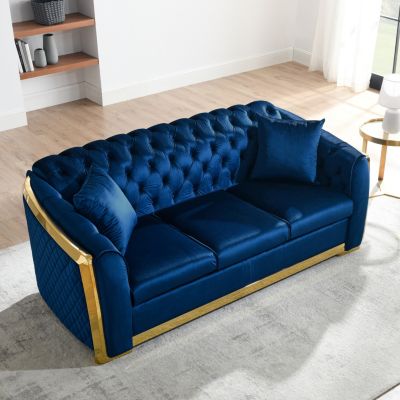 Streamdale Navy Blue Velvet Sofa Set with Gold Stainless Legs