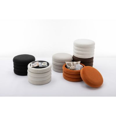 Velvet Round Ottoman with Wooden Shelves