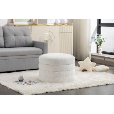 Ivory Boucle Ottoman with Wooden Shelves
