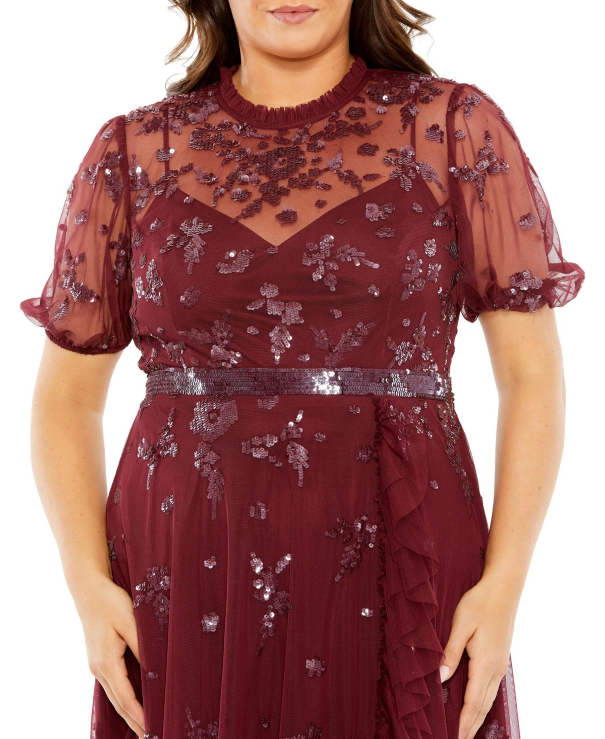 Mac Duggal Plus Size High Neck Puff Short Sleeve Embellished Faux Wrap Gown