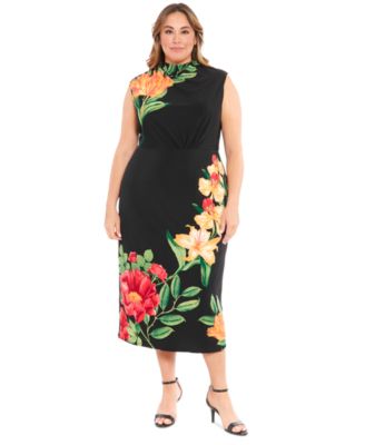 London Times - Plus Size Floral Mock-Neck Sheath Dress