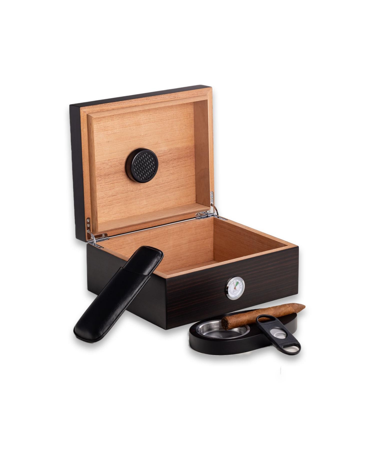 BEY-BERK WALNUT WOOD CIGAR HUMIDOR WITH GLASS DISPLAY TOP 