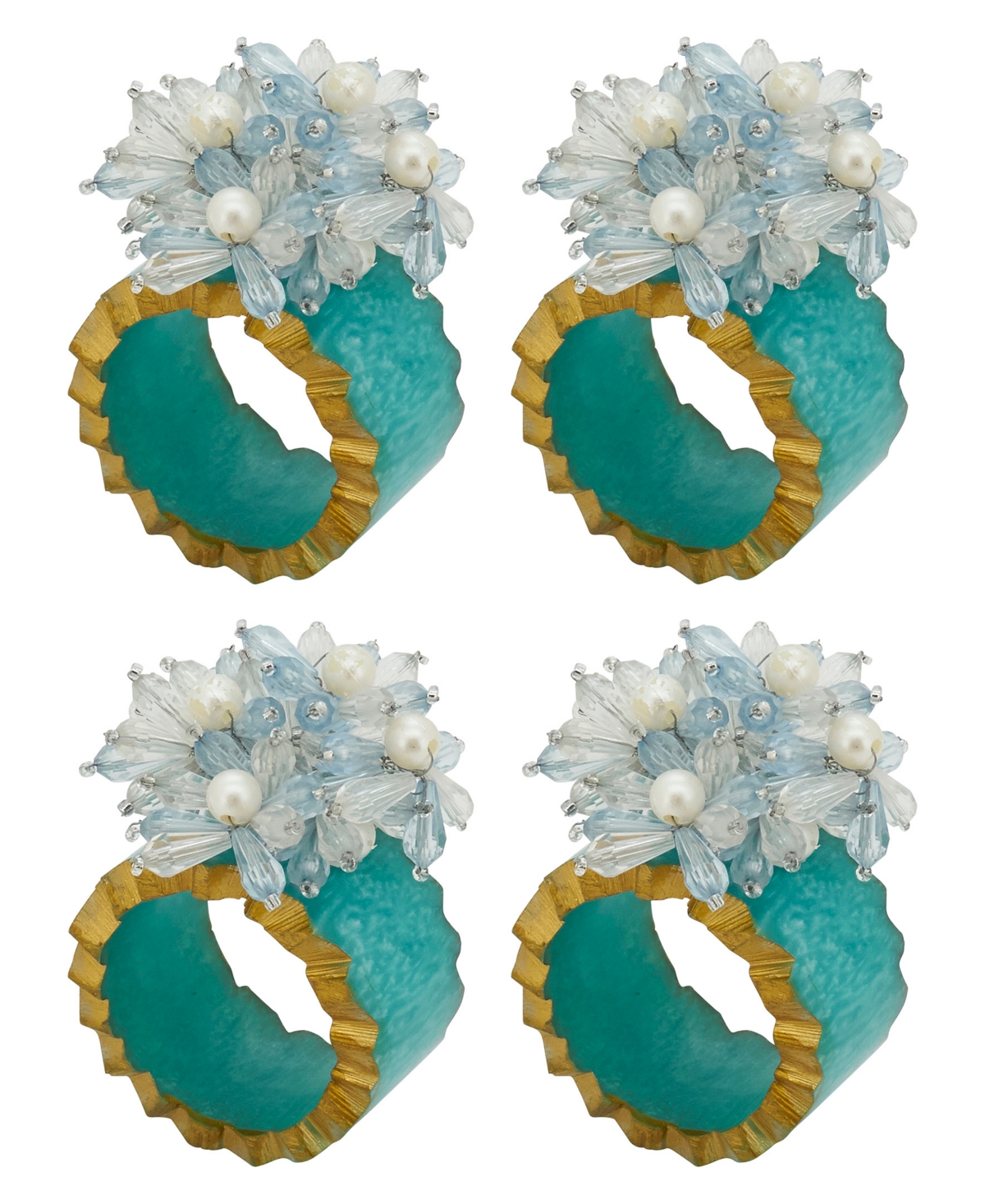 Saro Lifestyle Beaded Petal Delight Resin Napkin Ring Set Of 4, In Aqua