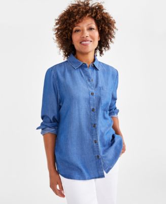 売れ筋商品|||スタイルアンドコー カットソー トップス レディース Plus Size Short-Sleeve Chambray Shirt, Exclusively at Macy's Anna Wash Womens Plus Size Short Sleeve Denim Shirt - Macy's