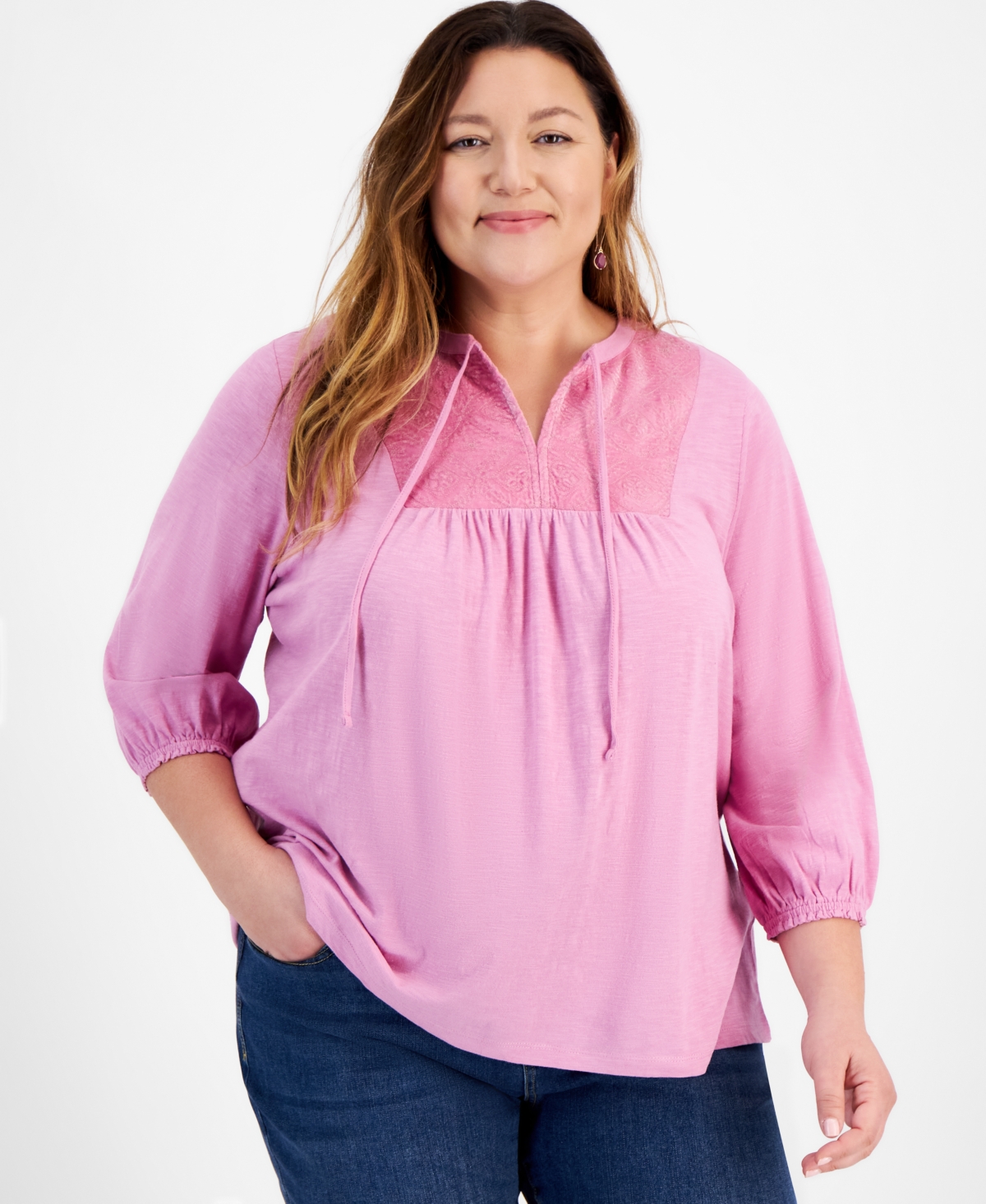 Plus Size Velvet-Bib Cotton Tie-Neck Blouse, Created for Macy's - Pink Rain