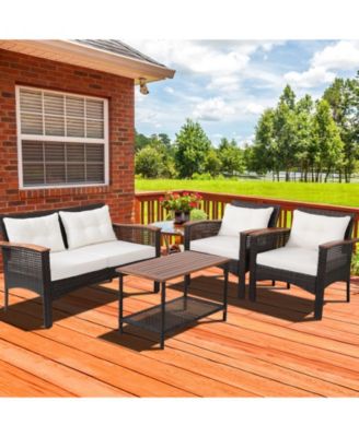 4PCS Rattan Patio Furniture Set Acacia Wood Outdoor Conversation Set w/ Cushions