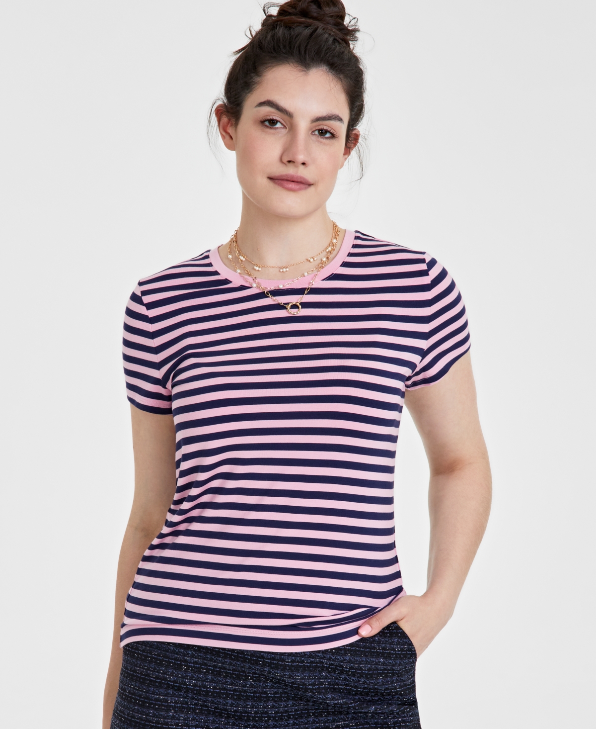 On 34th Women's Striped Cap-Sleeve T-Shirt, Created for Macy's