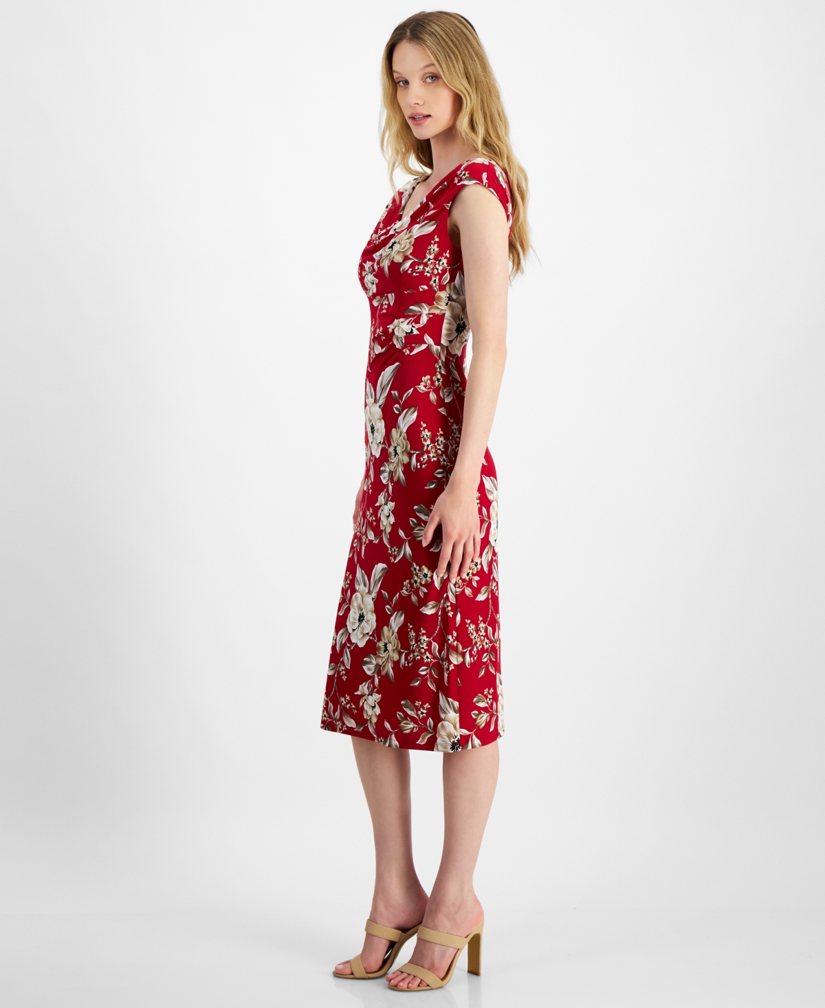 Connected Petite Printed Drape-neck Midi Dress In Crimson