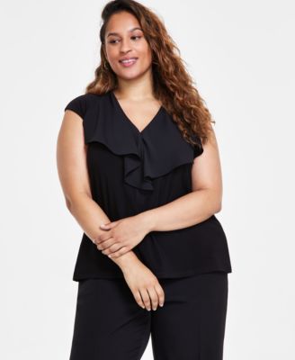 Kasper - Plus Size Solid Ruffled V-Neck Cap-Sleeve Blouse
