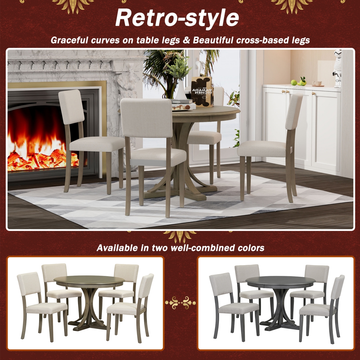 Streamdale Furniture 5-Piece Retro Round Dining Table Set With Curved Trestle Style Table Legs And 4