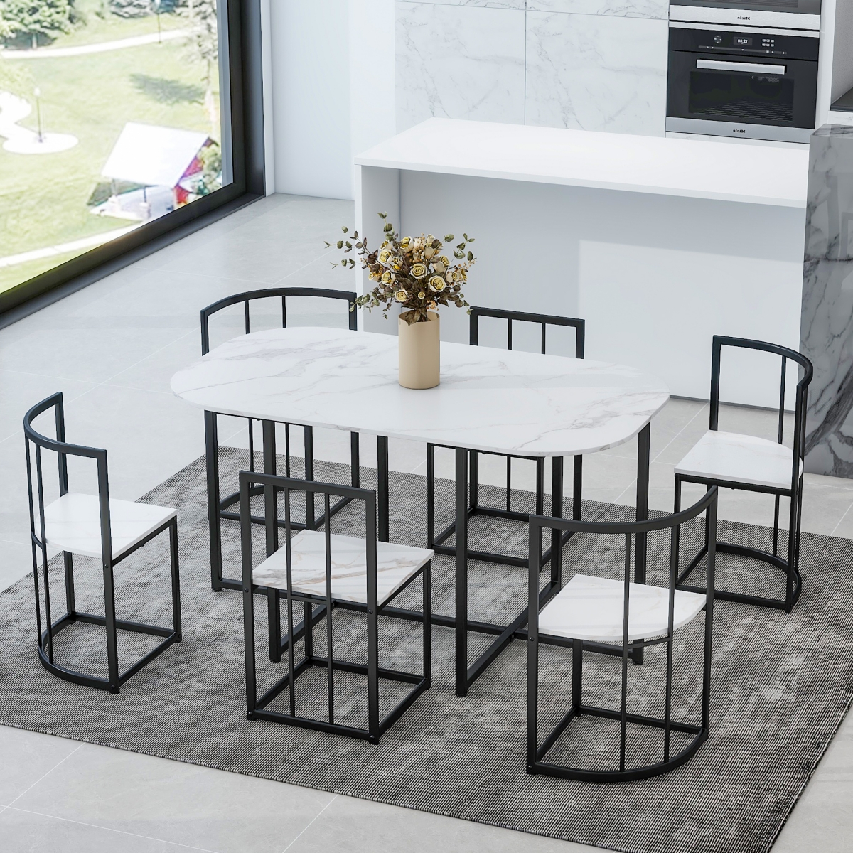 Streamdale Furniture Modern 7-Piece Dining Table Set With Faux Marble Compact 5 5