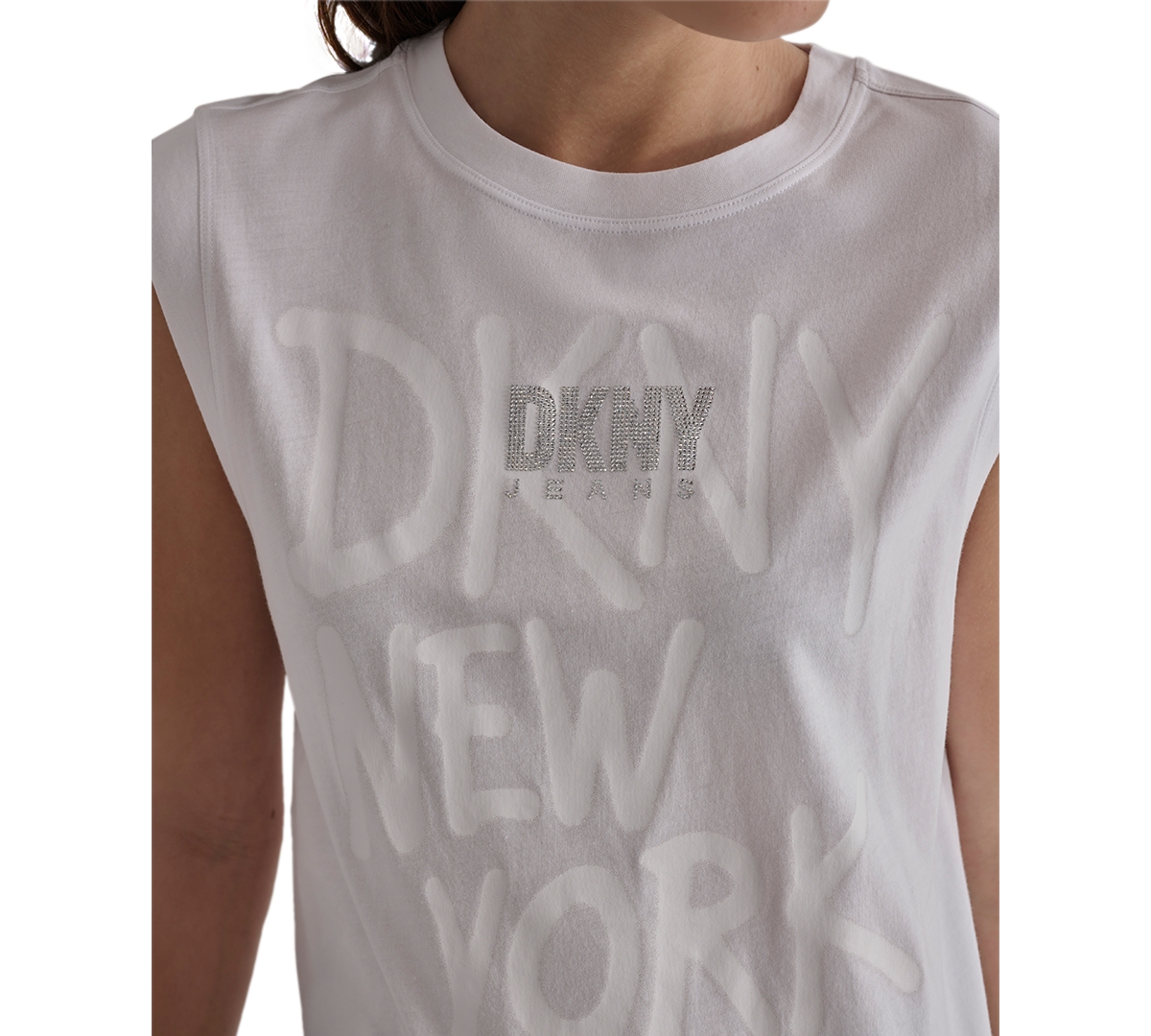 Dkny Women's Rhinestone-Logo Graffiti Graphic Tank Top - WHT - WHITE