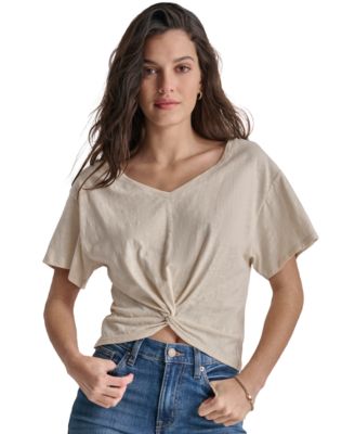 DKNY Jeans - Women's Cotton Twist-Front V-Neck Short-Sleeve Top