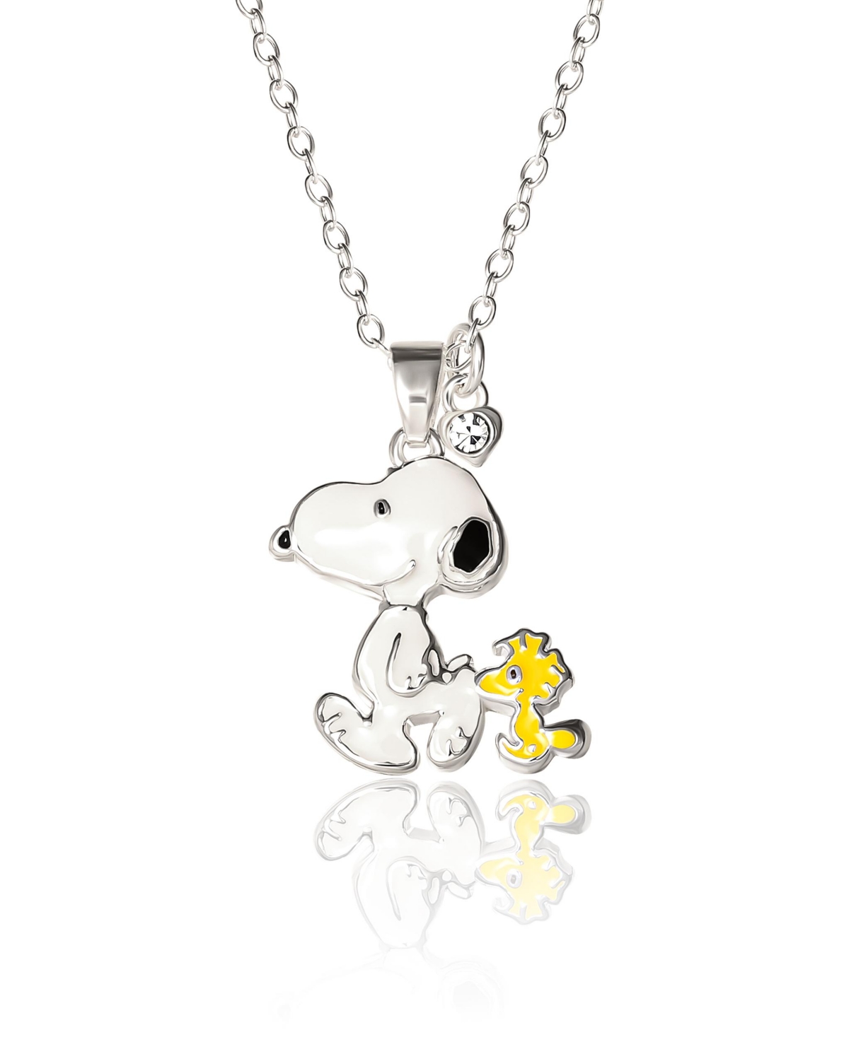 Snoopy and Woodstock 3D Pendant Necklace, 16 + 2'' Chain - Silver tone, white, yellow