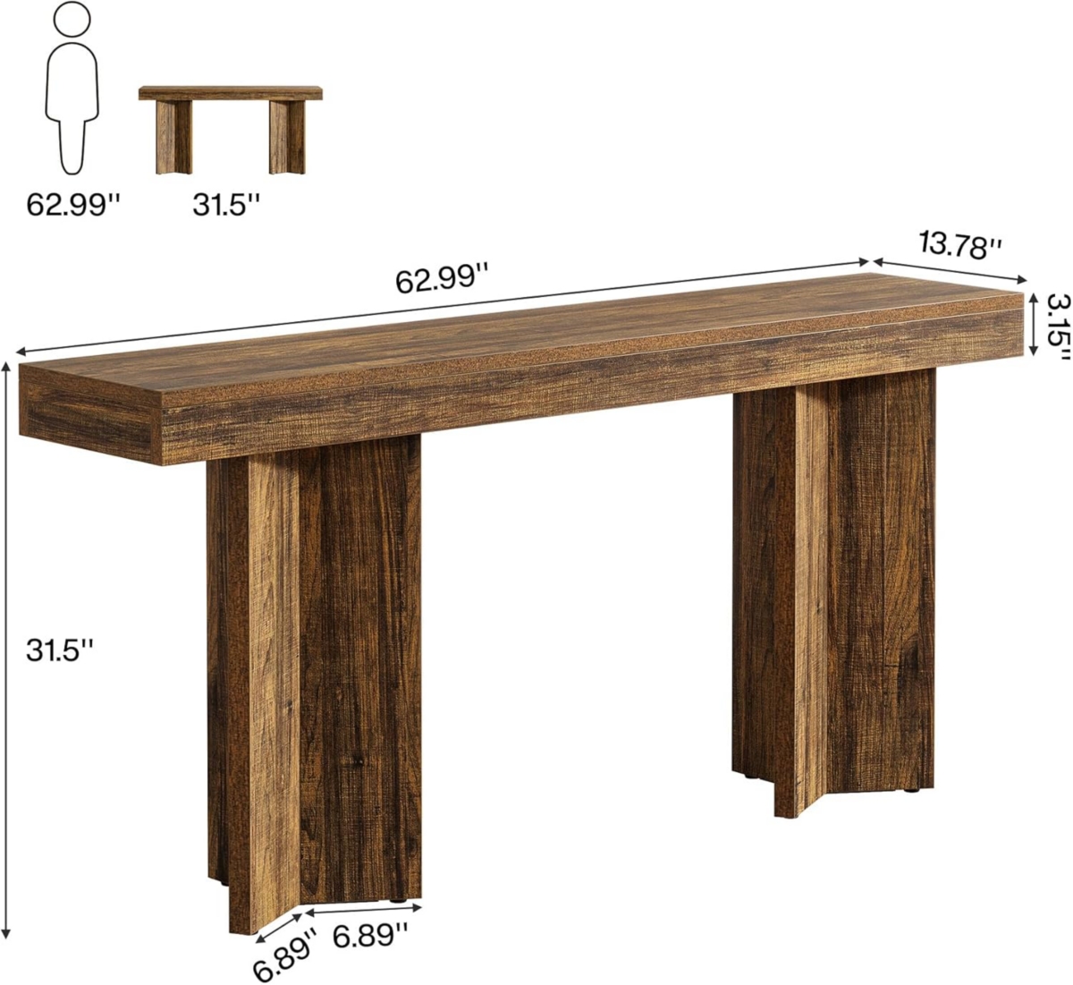 Tribesigns 63" Console Table, Farmhouse Entryway Table, Wooden Rectangular Sofa Table Behind The Couch, Rustic Brown