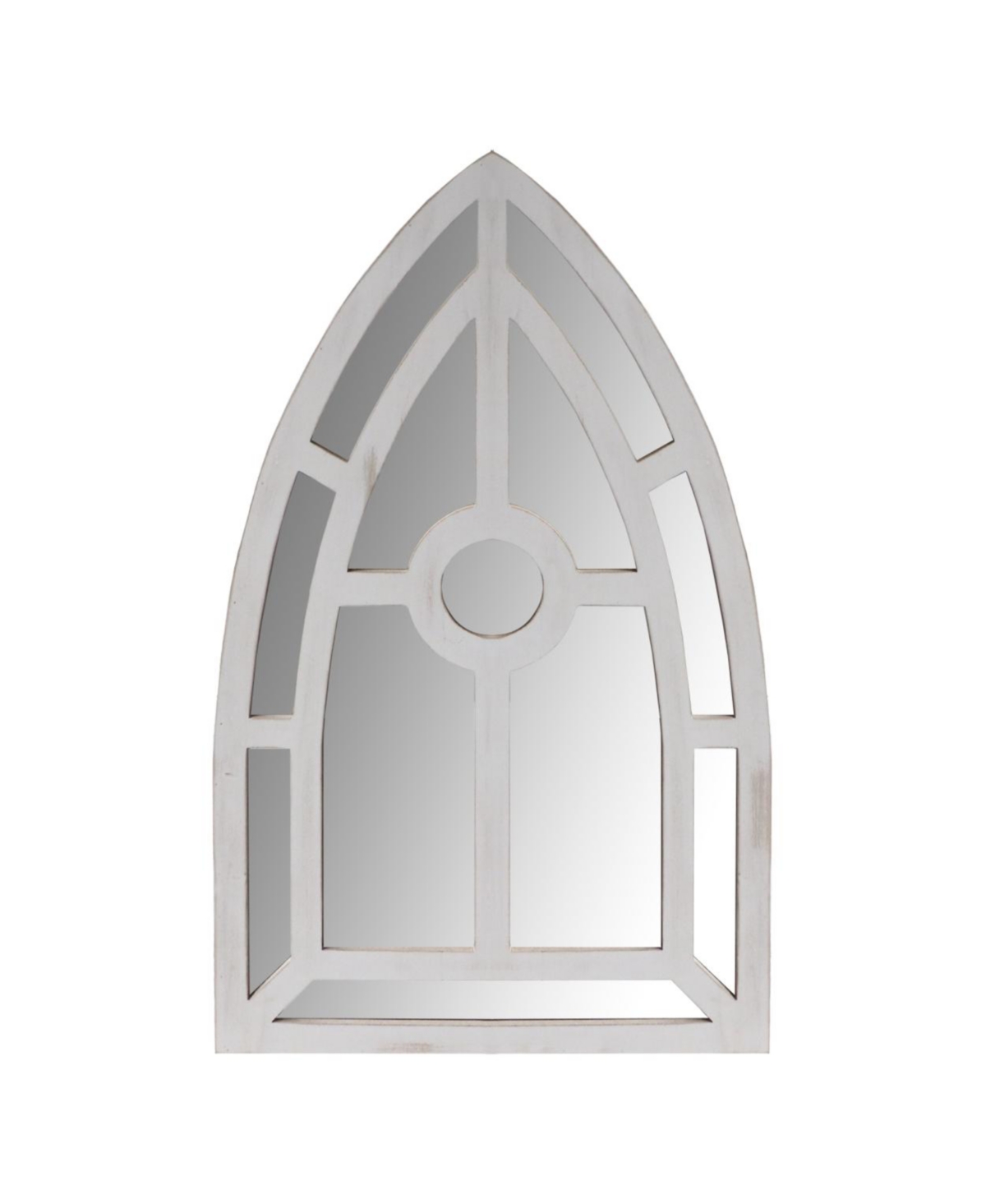 Arched Window Pane Wooden Wall Mirror With Trimmed Details, Silver - Silver