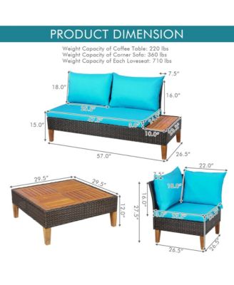 4PCS Acacia Wood Patio Furniture Set Rattan Conversation Set w/ Turquoise Cushions