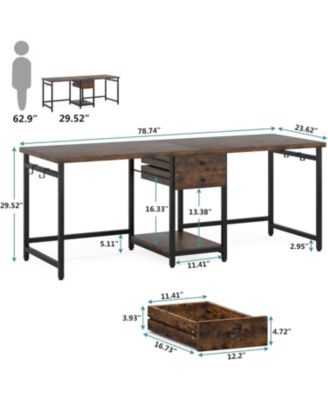 79-Inch Wood Double Desk with 2 Drawers & Storage Shelves – Extra Long Two-Person Home Office Writing Table