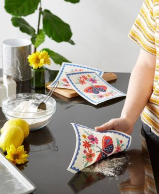 Swedish Dishcloths for Kitchen Cleaning, Machine Washable Dishwasher Safe, 7.75 x 6.75", Butterfly Folk, 3 Piece
