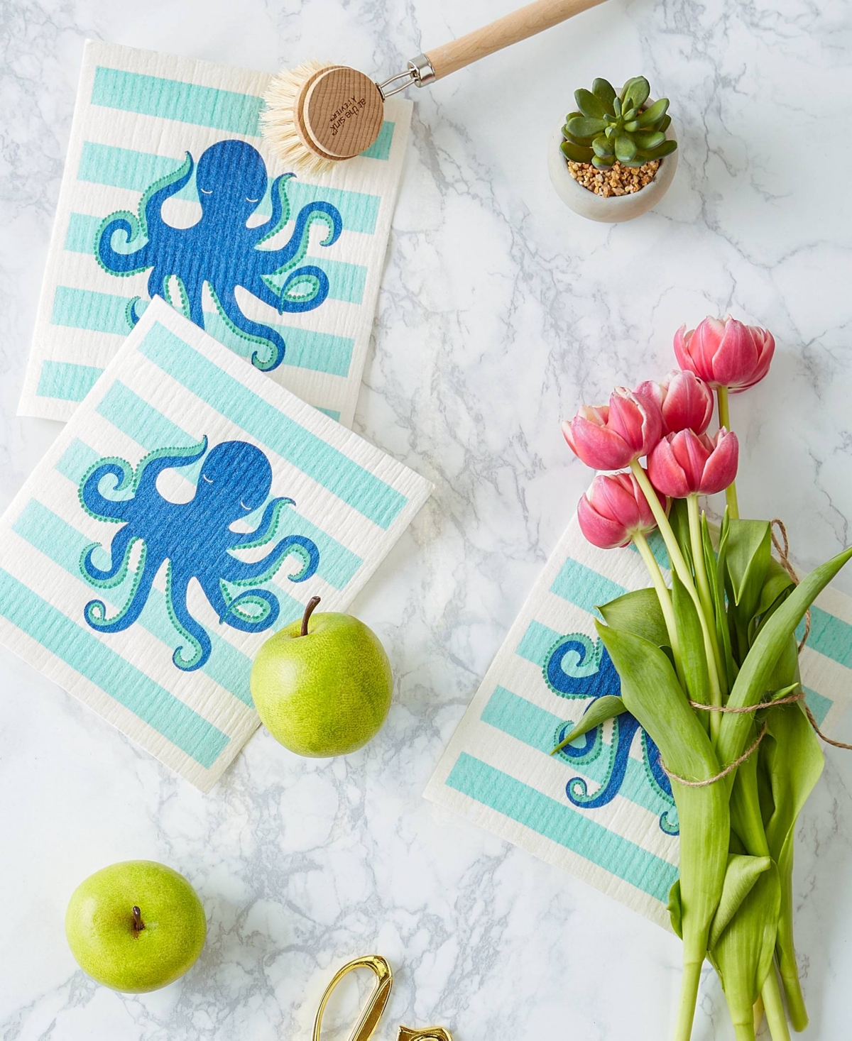 Design Imports Swedish Dishcloths For Kitchen Cleaning, Machine Washable Dishwasher Safe, 7.75 X 6.75", Octopus, 3 In Octopus