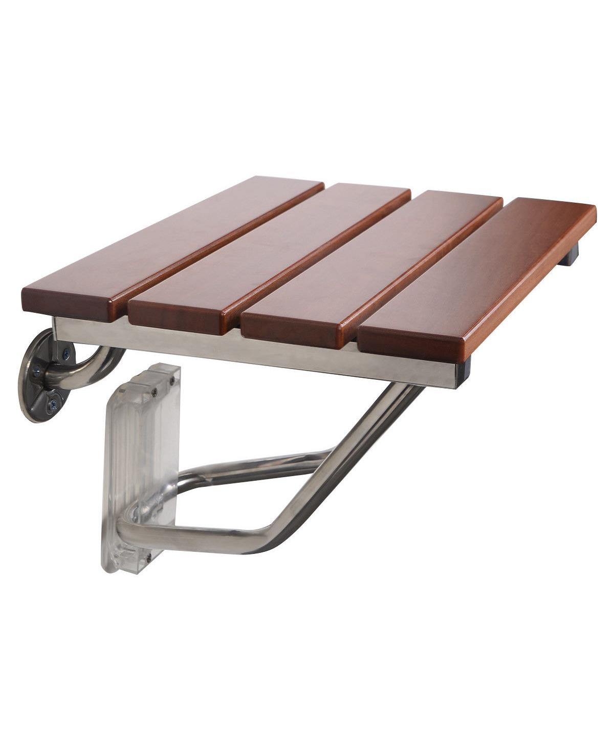 Folding Bath Seat Bench Shower Chair Wall Mount Solid Wood Construction - Brown