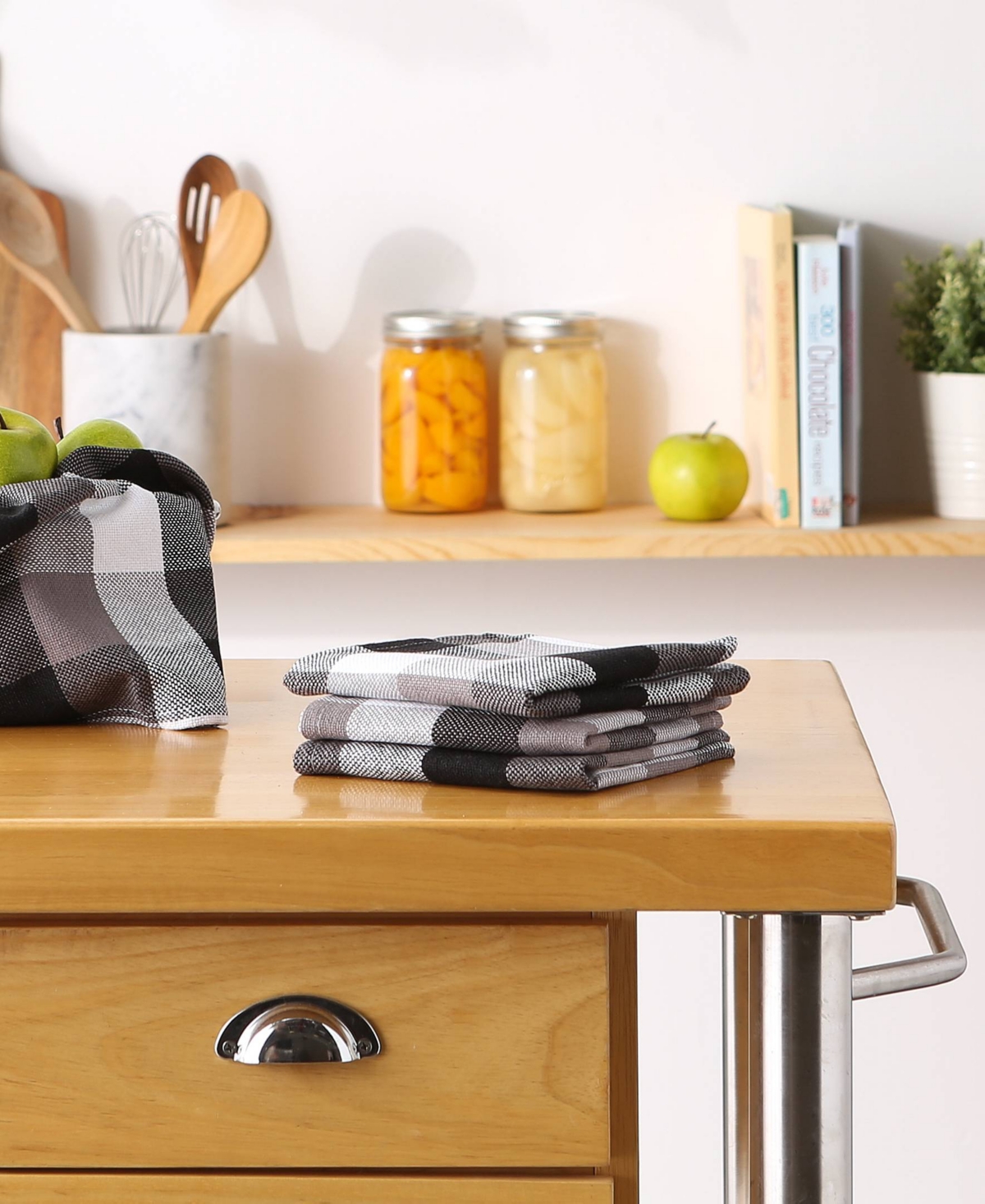 Design Imports Tri-color Check Collection Kitchen, Dishtowel Set, French Blue, 3 Piece In Black