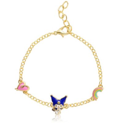 Friends Womens 18kt Gold Flash Plated Kuromi Station Bracelet with Heart and Rainbow, 6.5 + 1inch, Officially Licensed