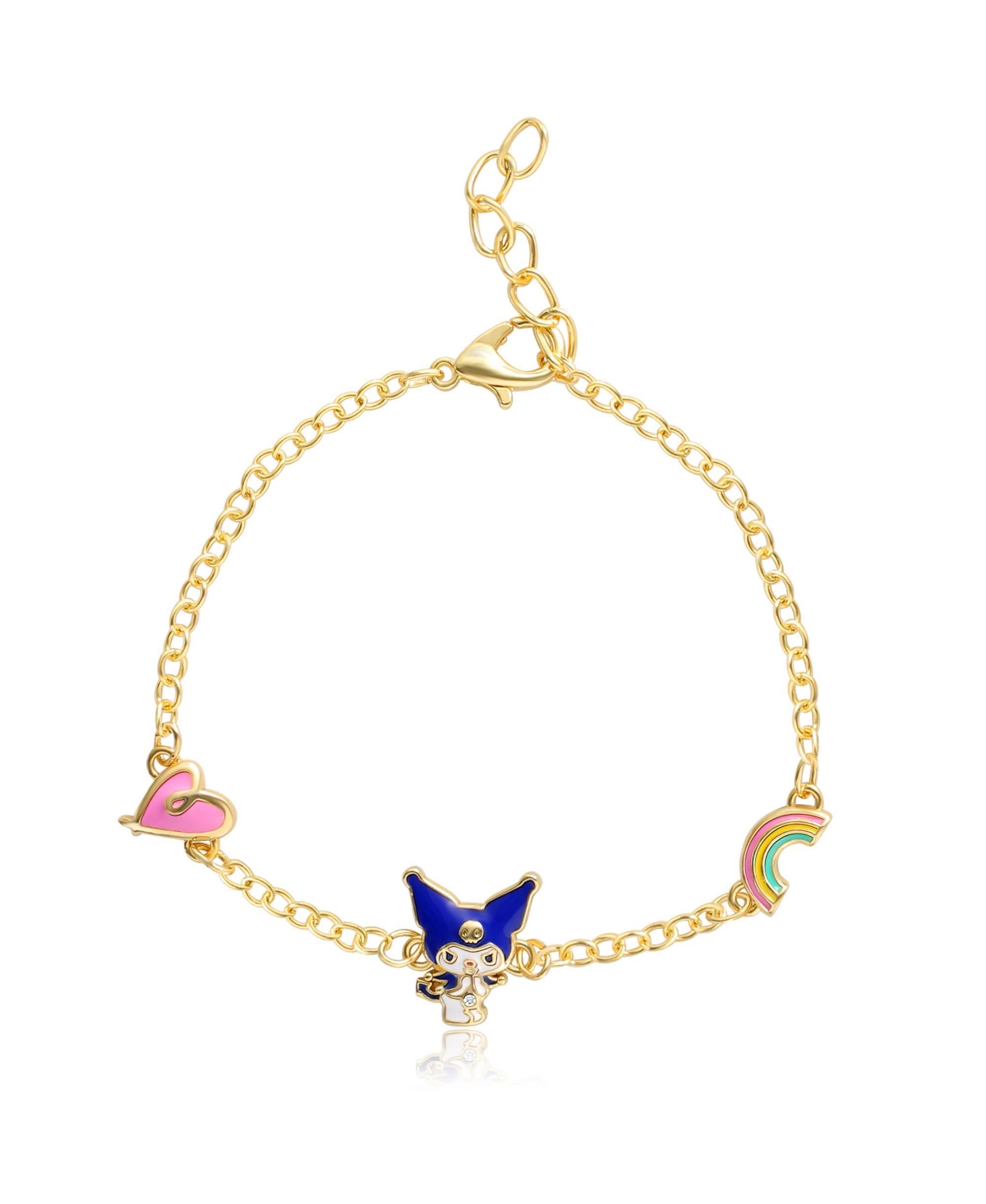 Sanrio and Friends Womens 18kt Gold Flash Plated Kuromi Station Bracelet with Heart and Rainbow, 6.5 + 1", Officially Licensed - Gold tone