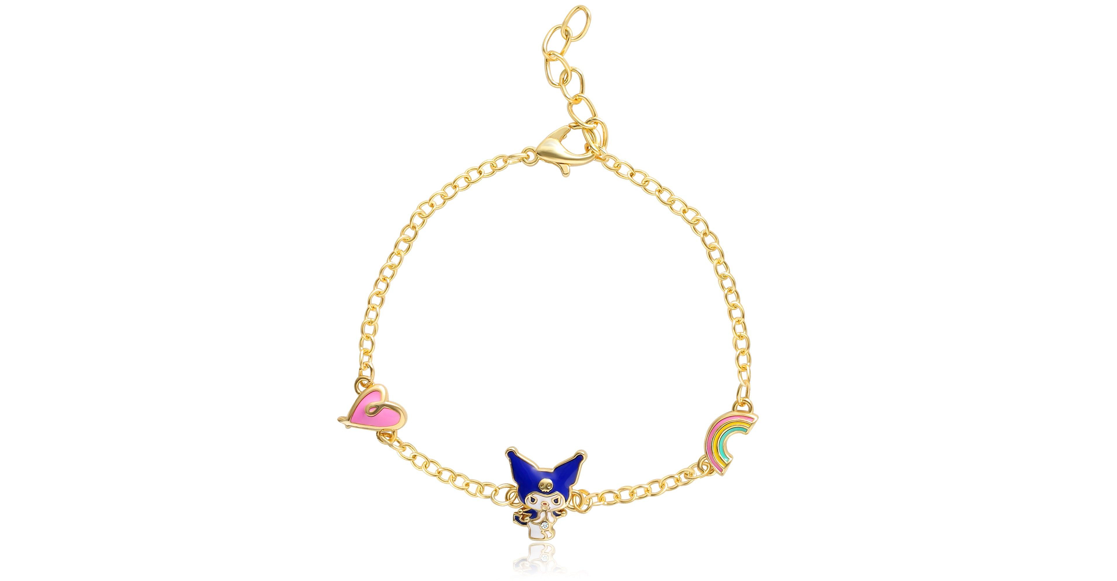 Hello Kitty Sanrio and Friends Womens 18kt Gold Flash Plated Kuromi Station Bracelet with Heart and Rainbow, 6.5 + 1", Officially Licensed