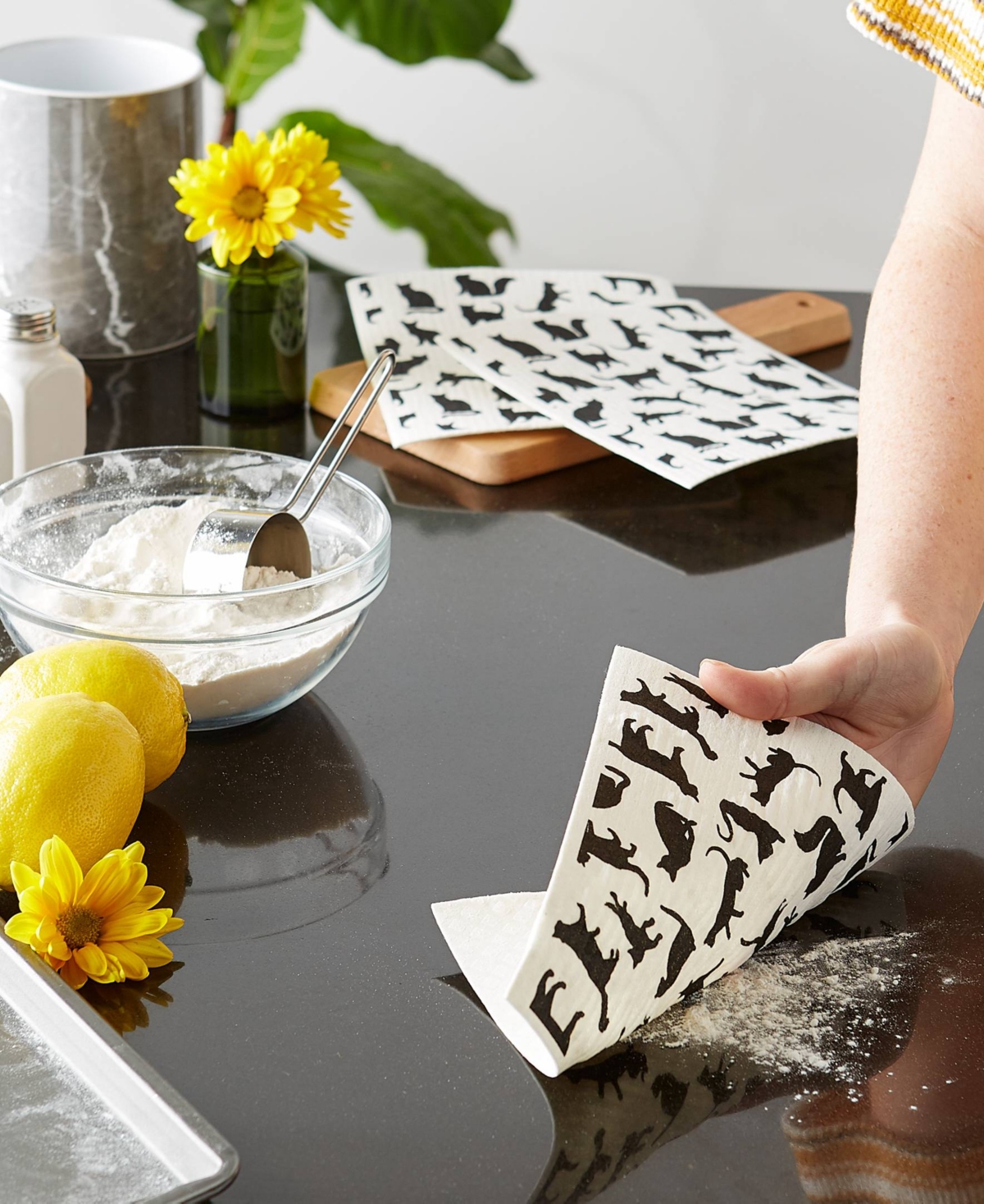 Design Imports Swedish Dishcloths For Kitchen Cleaning, Machine Washable Dishwasher Safe, 7.75 X 6.75", Cats, 3 Pie In Cat