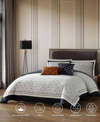 Geometric Black & White Bedding 220 Thread Count 100% Cotton Sateen 5 Piece Reversible King Comforter Set